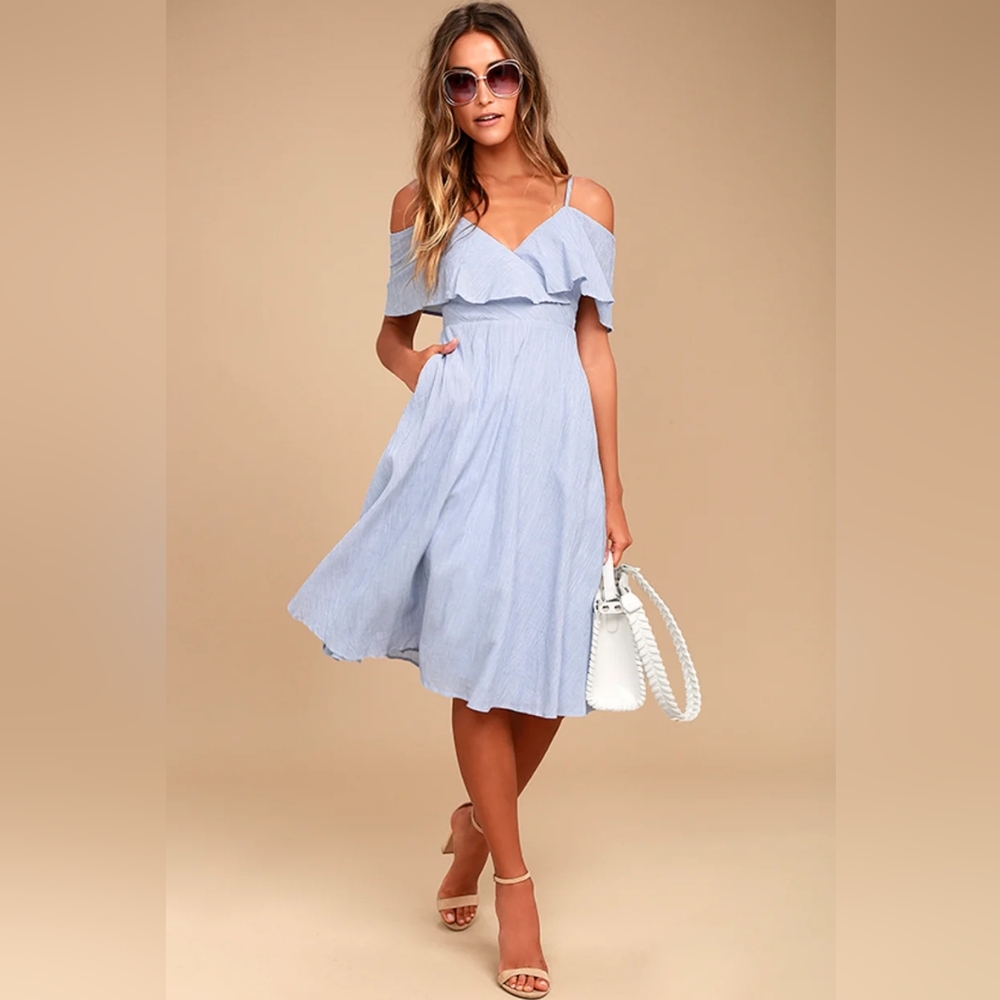 NWOT Lulu's Yacht Rock Blue White Striped Off Shoulder Midi Dress Size XS [#2]